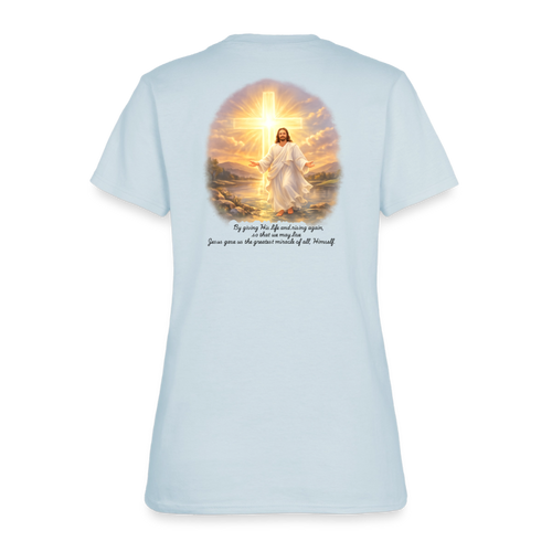 Jesus the Greatest Miracle | Women's Faith T-Shirt | Fruit of the Loom/Gildan | Featuring Original Artwork - light blue