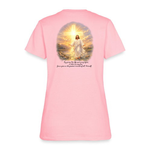 Jesus the Greatest Miracle | Women's Faith T-Shirt | Fruit of the Loom/Gildan | Featuring Original Artwork - pink