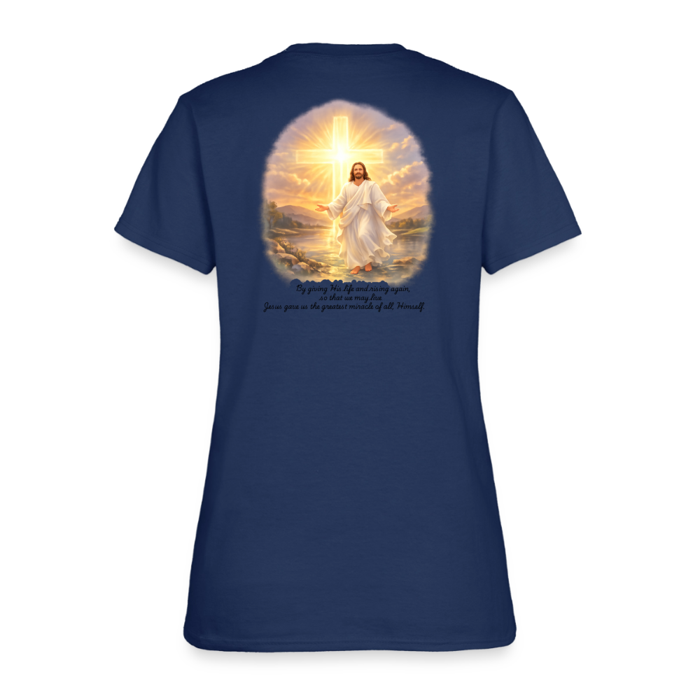 Jesus the Greatest Miracle | Women's Faith T-Shirt | Fruit of the Loom/Gildan | Featuring Original Artwork -  blue dusk