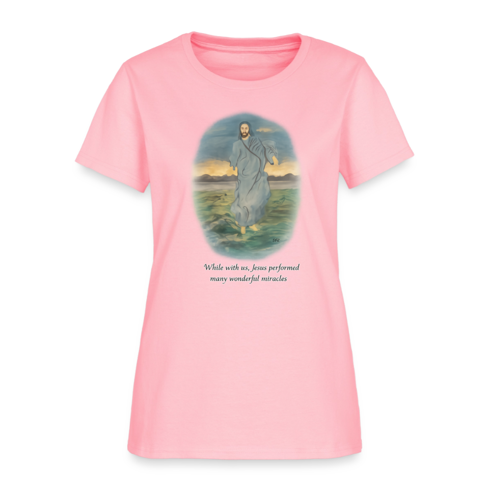 Jesus the Greatest Miracle | Women's Faith T-Shirt | Fruit of the Loom/Gildan | Featuring Original Artwork - pink