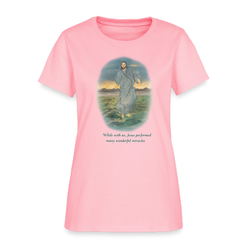 Jesus the Greatest Miracle | Women's Faith T-Shirt | Fruit of the Loom/Gildan | Featuring Original Artwork - pink