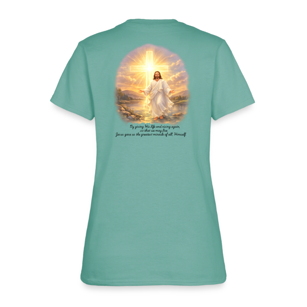 Jesus the Greatest Miracle | Women's Faith T-Shirt | Fruit of the Loom/Gildan | Featuring Original Artwork - aquatic