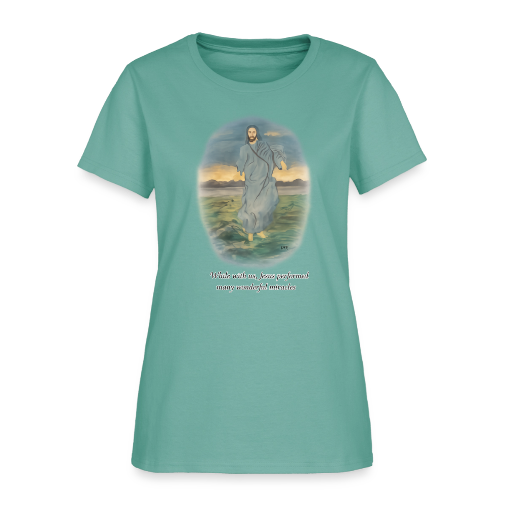 Jesus the Greatest Miracle | Women's Faith T-Shirt | Fruit of the Loom/Gildan | Featuring Original Artwork - aquatic
