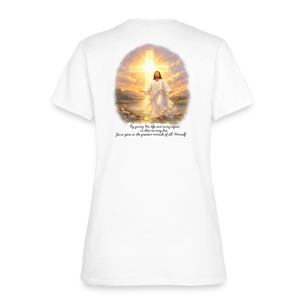 Jesus the Greatest Miracle | Women's Faith T-Shirt | Fruit of the Loom/Gildan | Featuring Original Artwork - white