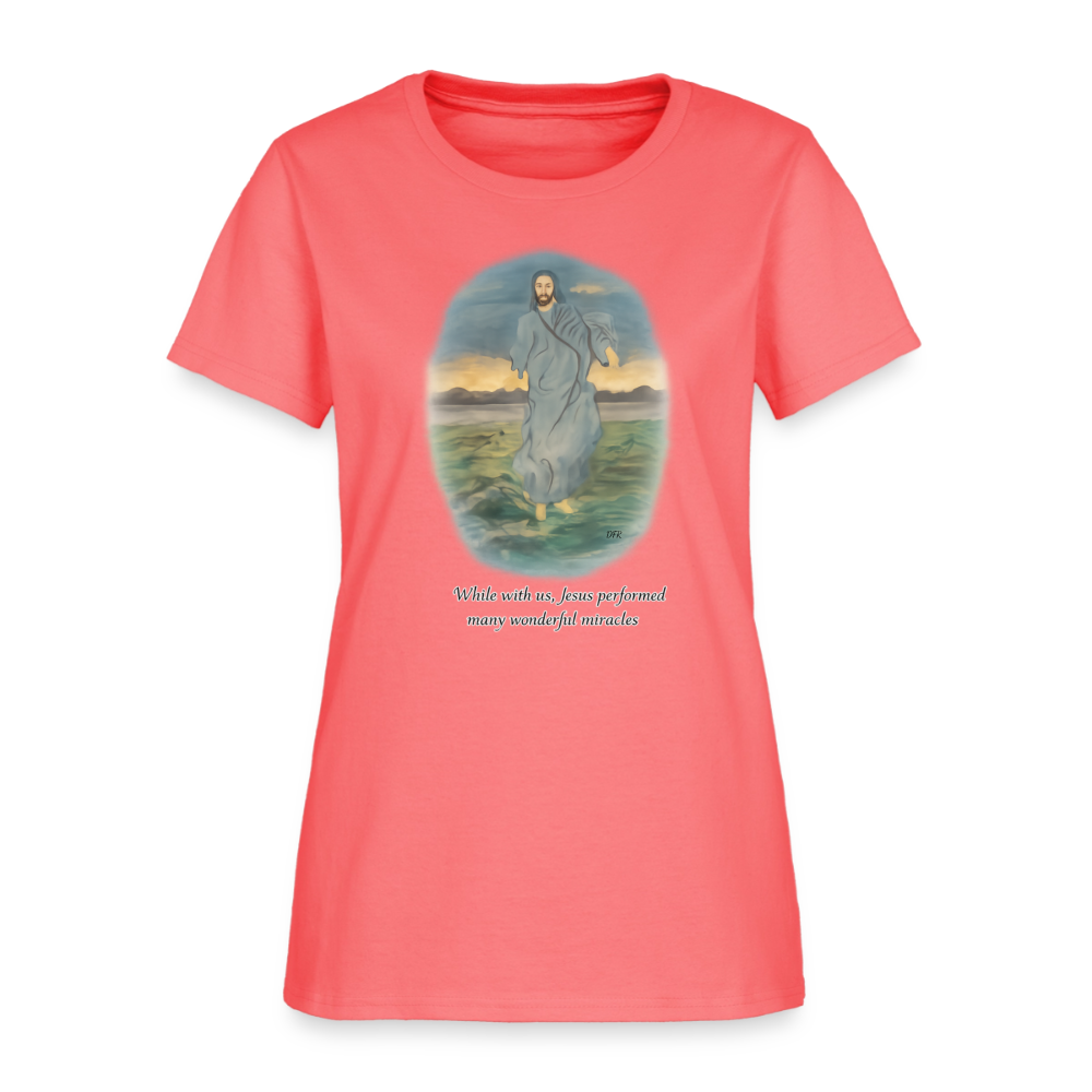 Jesus the Greatest Miracle | Women's Faith T-Shirt | Fruit of the Loom/Gildan | Featuring Original Artwork - coral