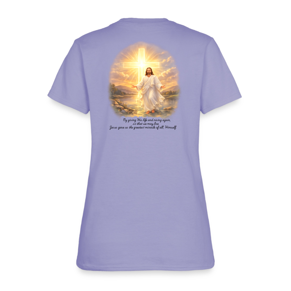 Jesus the Greatest Miracle | Women's Faith T-Shirt | Fruit of the Loom/Gildan | Featuring Original Artwork - lavender