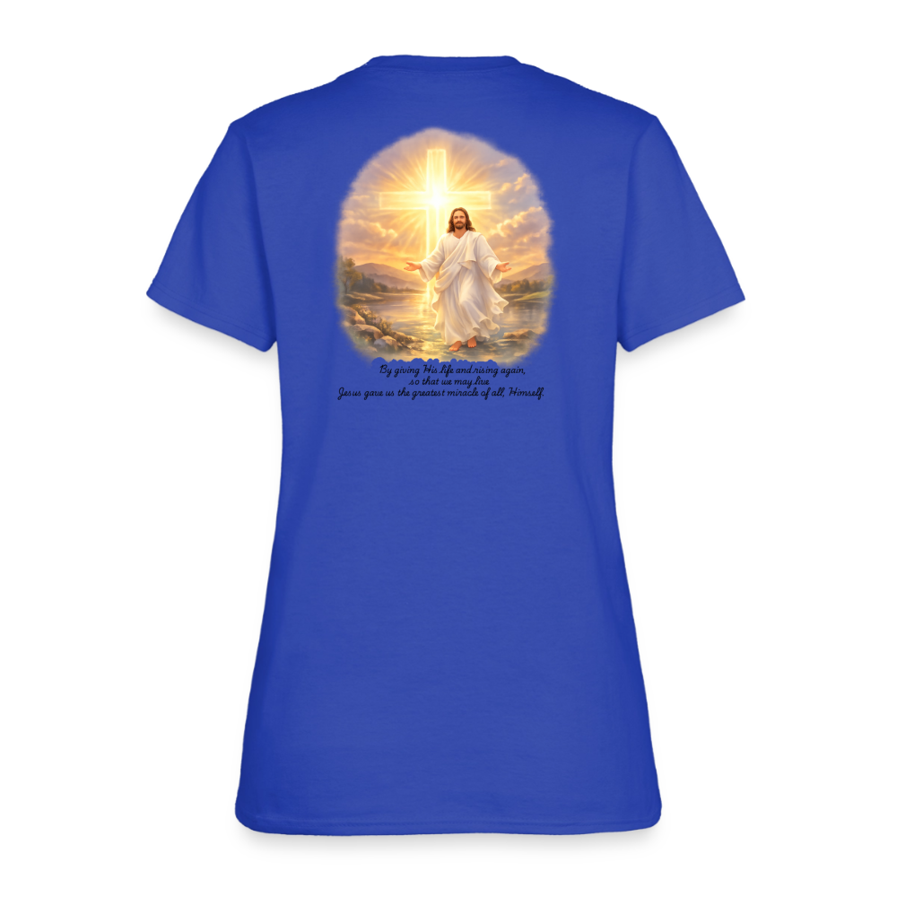 Jesus the Greatest Miracle | Women's Faith T-Shirt | Fruit of the Loom/Gildan | Featuring Original Artwork - royal blue