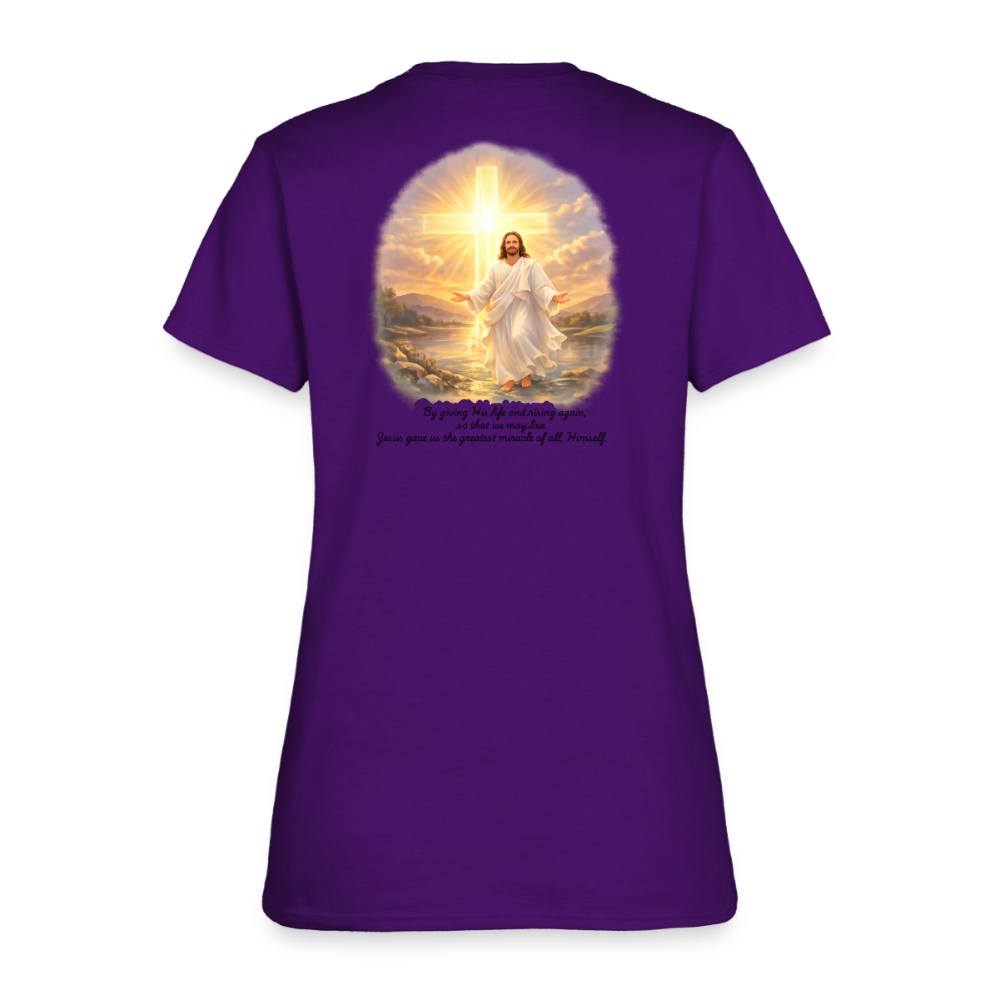 Jesus the Greatest Miracle | Women's Faith T-Shirt | Fruit of the Loom/Gildan | Featuring Original Artwork - purple