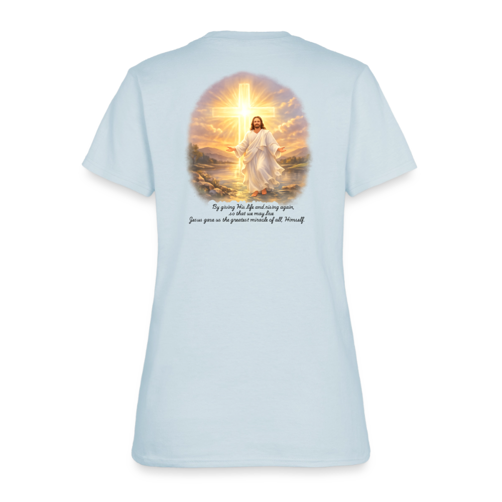 Jesus the Greatest Miracle | Women's Faith T-Shirt | Fruit of the Loom/Gildan | Featuring Original Artwork - light blue