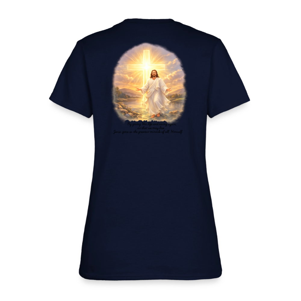 Jesus the Greatest Miracle | Women's Faith T-Shirt | Fruit of the Loom/Gildan | Featuring Original Artwork - navy