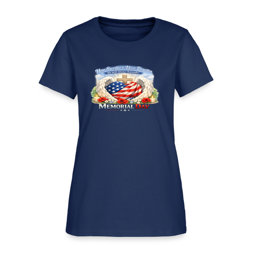Memorial Day — "Your Sacrifice is Never Forgotten" | Women's T-Shirt — Classic Edition -  blue dusk