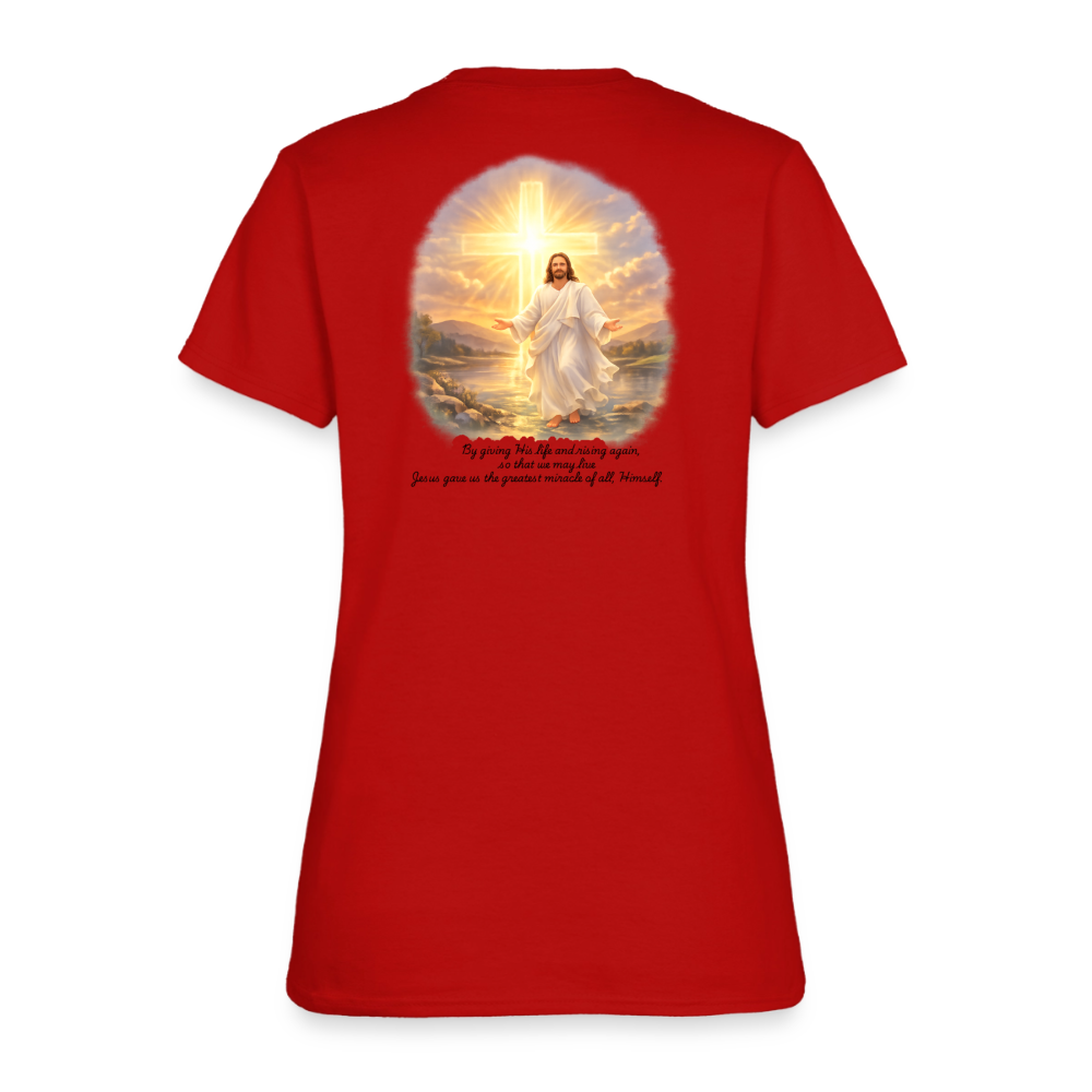 Jesus the Greatest Miracle | Women's Faith T-Shirt | Fruit of the Loom/Gildan | Featuring Original Artwork - red