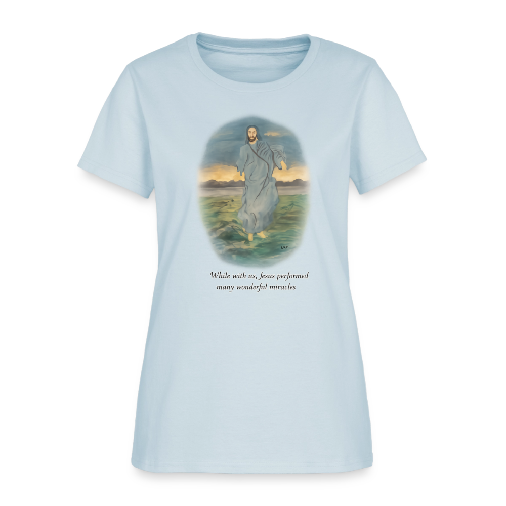 Jesus the Greatest Miracle | Women's Faith T-Shirt | Fruit of the Loom/Gildan | Featuring Original Artwork - light blue