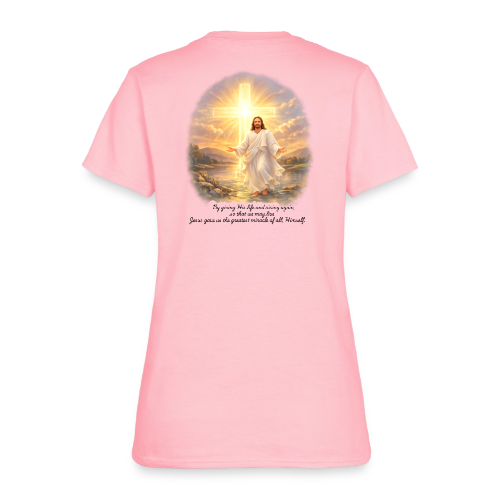 Jesus the Greatest Miracle | Women's Faith T-Shirt | Fruit of the Loom/Gildan | Featuring Original Artwork - pink